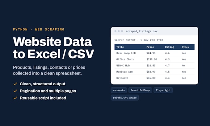 do python web scraping, data extraction and website scraping to excel or csv