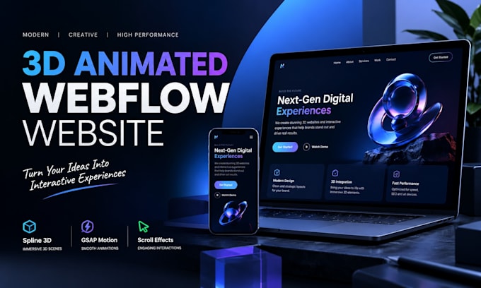 create 3d animated webflow website with spline, gsap, webgl and scroll animation