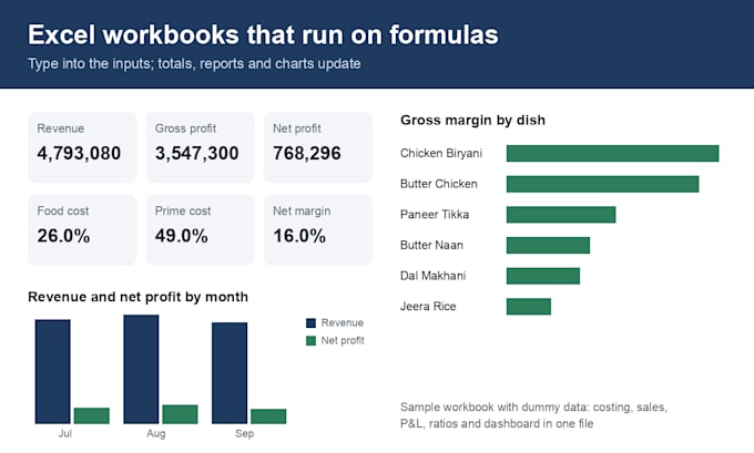 build an excel workbook with formulas, reports and a dashboard