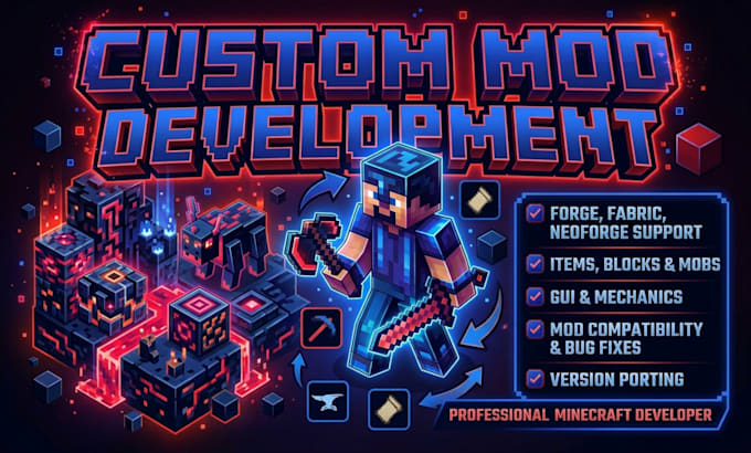 develop custom minecraft java mods and integration using forge, fabric, neoforge