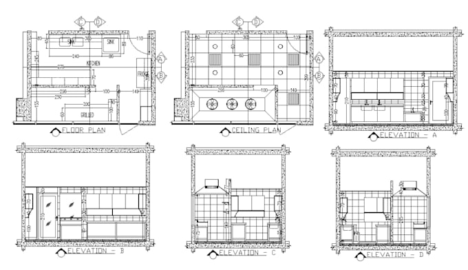 do kitchen layout, shop drawings, floor plan and elevations, cabinets, vanity