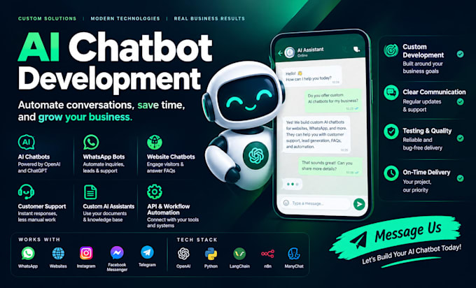 develop ai chatbot, whatsapp bot, customer support bot and openai integration