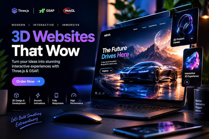 create an animated interactive 3d website using threejs, gsap, webgl 3d website