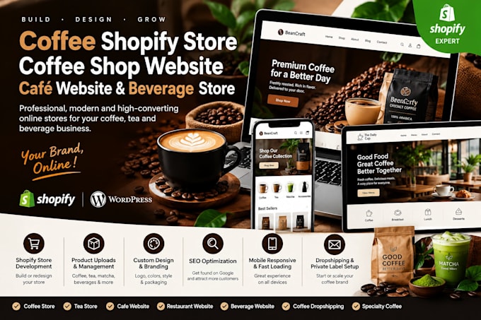 build a coffee shopify store, coffee shop website, tea and cafe website