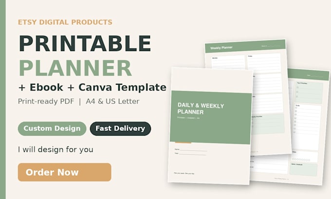 design printable planner, ebook and canva template for etsy