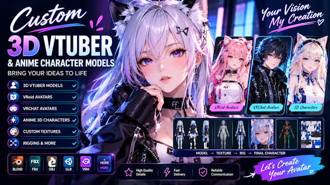 create 3d character for model and rigging, 3d vtuber, vrchat, vroid