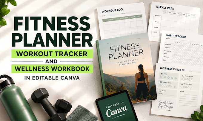 do canva design for fitness planner, workout tracker, wellness workbook design