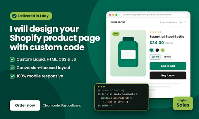 make shopify product page design using custom code in 1 day