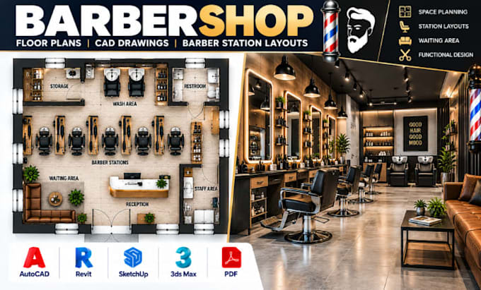Design barbershop floor plans, cad drawings barber station layouts by ...