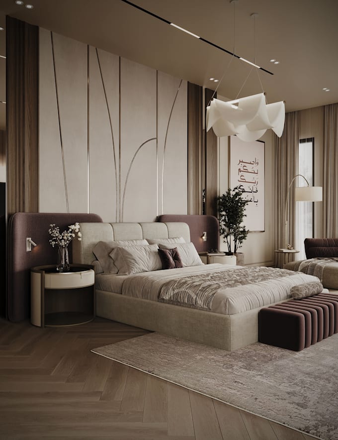 design and render a photorealistic 3d bedroom interior