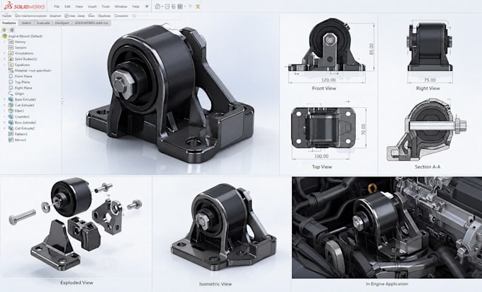 do automotive part, engine mount, speaker enclosure, engine bay cad in solidwork
