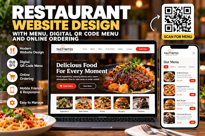 design restaurant website with menu, digital qr code menu and online ordering