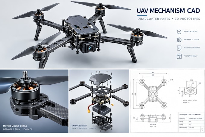 design uav quadcopter drone mechanisms, 3d cad and prototypes