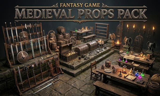create fantasy medieval game props and low poly rpg assets with custom textures