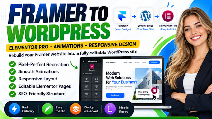 rebuild framer website in wordpress elementor pro with animations responsiveness