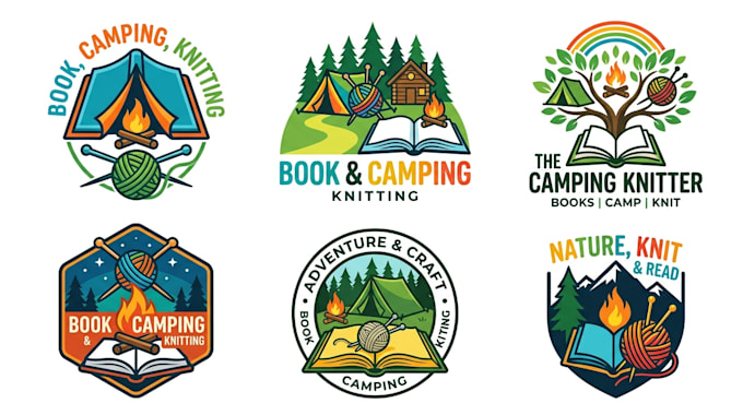 design a book, camping, and knitting logo
