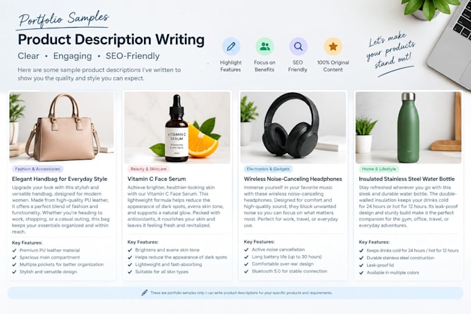 write unique product descriptions features and benefits