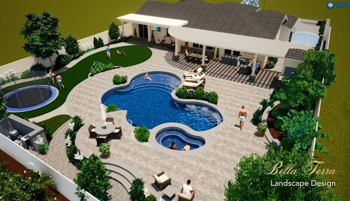 do luxury 3d pool landscape design backyard patio swimming pool render