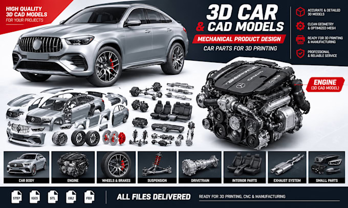 Make 3d car and cad models, mechanical product design, car parts for 3d ...