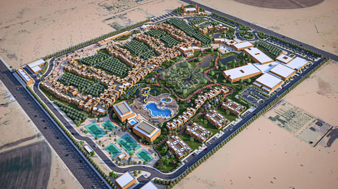 redesign urban master plan, resort mixed use development,desert landscape render
