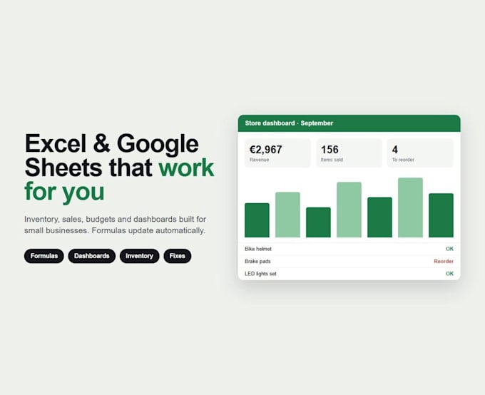 build custom excel or google sheets with formulas and dashboards