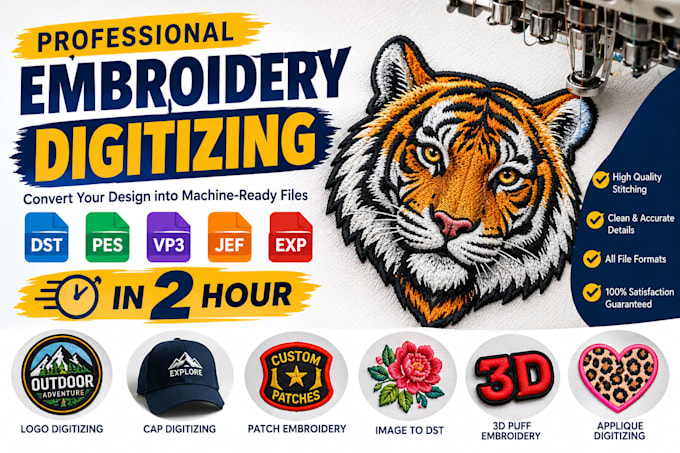 do embroidery digitizing into dst, pes, vp3, jef, exp, in 2 hour