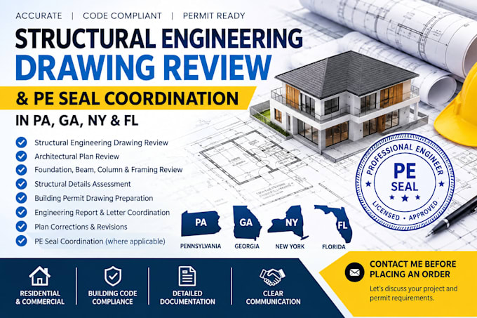 review structural engineering drawings architect pe engineer seal in pa ga ny fl