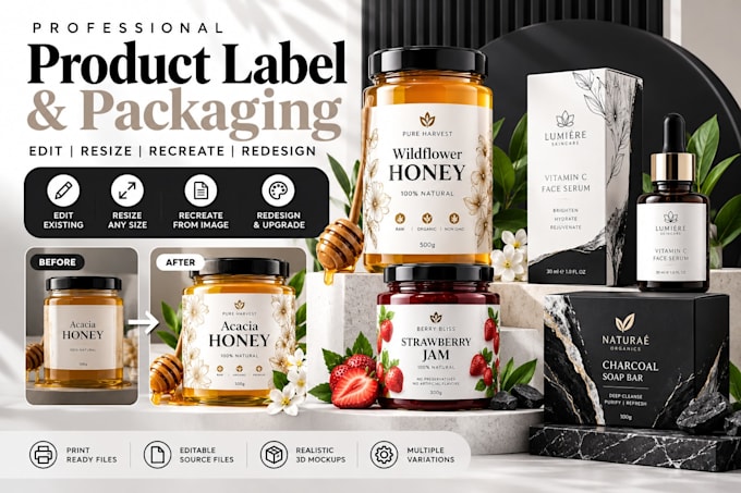 edit, resize, recreate and redesign your label box,  packaging product label