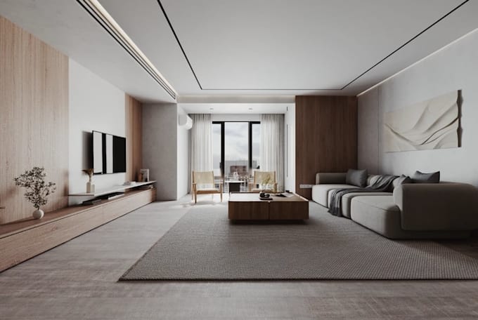 visualize contemporary apartment interior, cozy living space design, cgi render