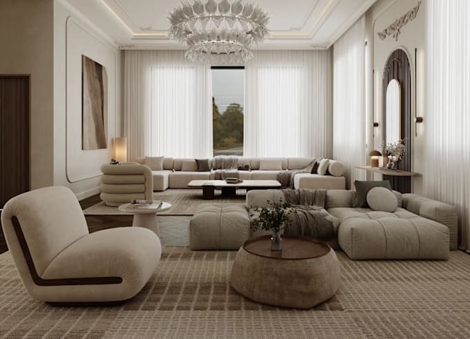 visualize modern farmhouse style interior, cgi apartment wood flooring 3d visual
