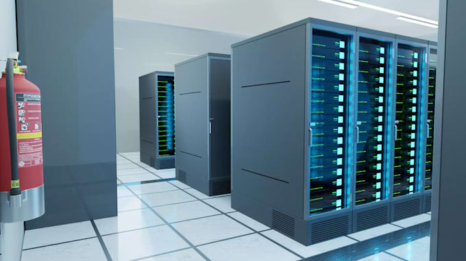 design 3d data center, server room interior, data hall layout, with 3d animation