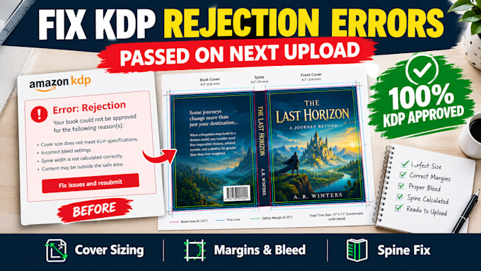fix amazon kdp rejection errors cover template sizes and book layout formatting