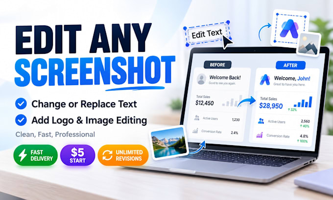 change or replace text, add logo, and editing any screenshot image
