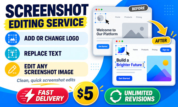 change or add logo, replace text and editing any screenshot image