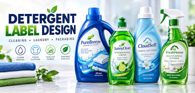 design product labels for detergent, cleaning, wash label, packaging