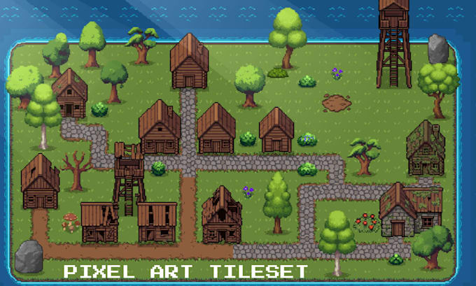 create pixel art tileset, pixel environment top down rpg maker tileset for games