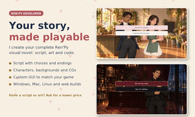 create your complete renpy visual novel game with script art and coding