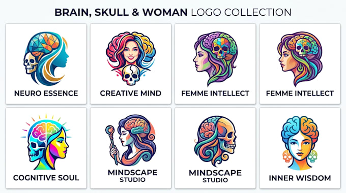 design a brain, skull, and woman logo