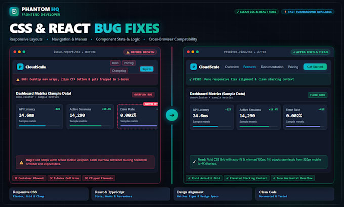 fix responsive CSS, react and next js frontend bugs