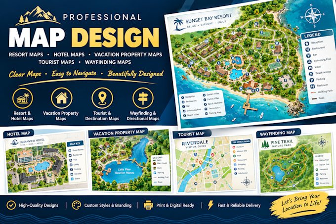 create resort maps, hotel maps, tourist maps, and wayfinding maps