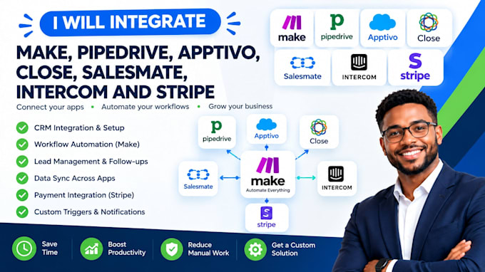 integrate make, pipedrive, apptivo, close, salesmate, intercom, stripe