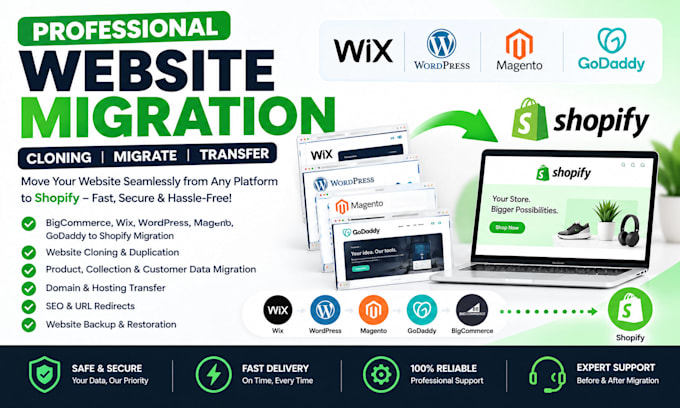 website migration cloning migrate wix wordpress magento godaddy to shopify