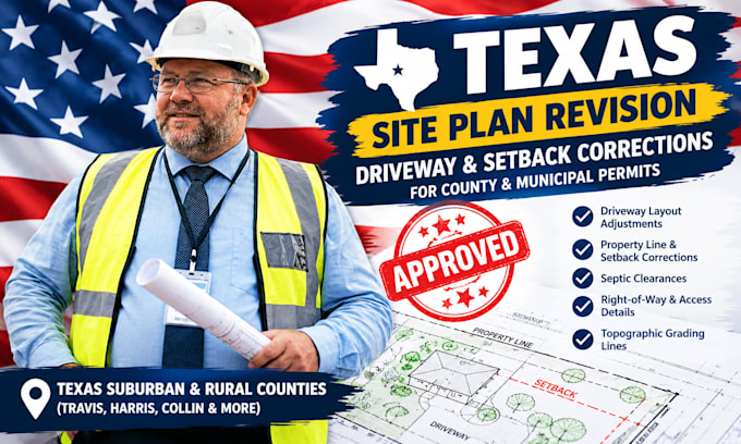 revise site layout and driveway setback drawings for texas county permits