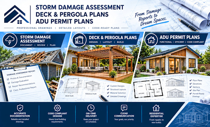 create storm damage reports, deck plans and adu permit plans