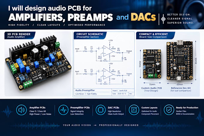 design audio pcb for amplifiers, preamps and dacs