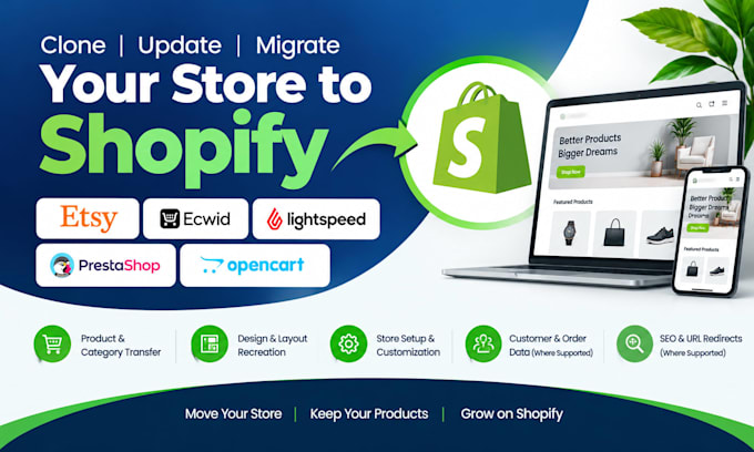 clone update migrate etsy ecwid lightspeed prestashop opencart to shopify store