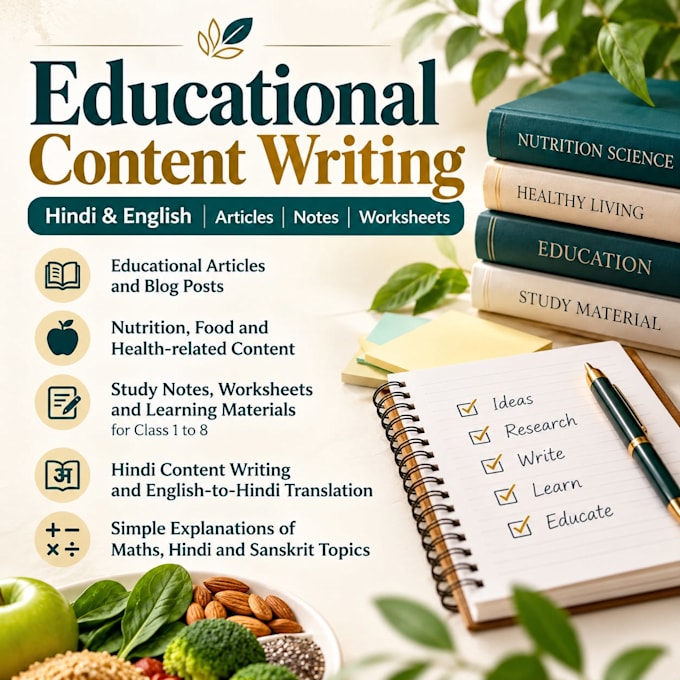 write educational content, articles and hindi, english content