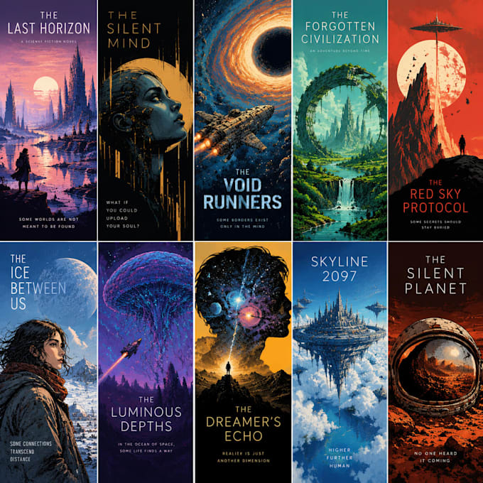 design cinematic sci fi book covers with space and alien worlds