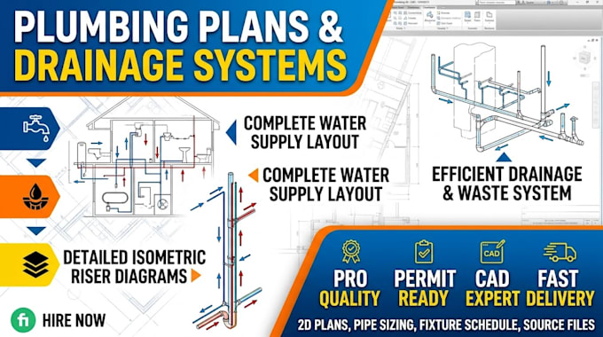 plumbing plan, water supply, drainage, riser diagram, mep drafting