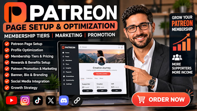 setup patreon page, patreon promotion, patreon management and optimization